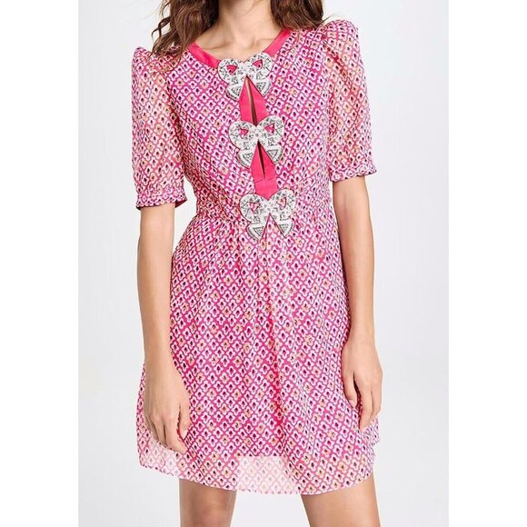 Saloni Jamie Crystal Bows Mini Dress Silk Pink Indian Block Print Floral US 6